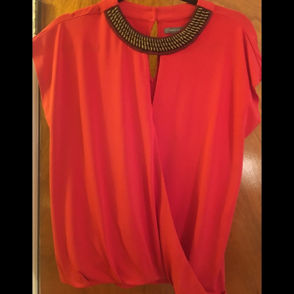 Suzy Shier Wrap Shirt with beautiful neckline